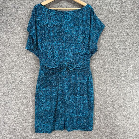 Ann Taylor Dress Women L Large Blue Geometric Sheath Midi Lined Short Sleeve - Picture 2 of 7